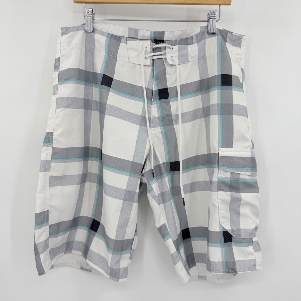 Free World Mens Plaid Board Shorts White Grey Teal Cargo Pocket Swim Trunks‎ 36